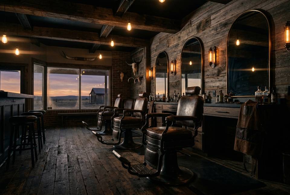 Dark western barbershop interior with leather chairs and a Texas sunset through the storefront window